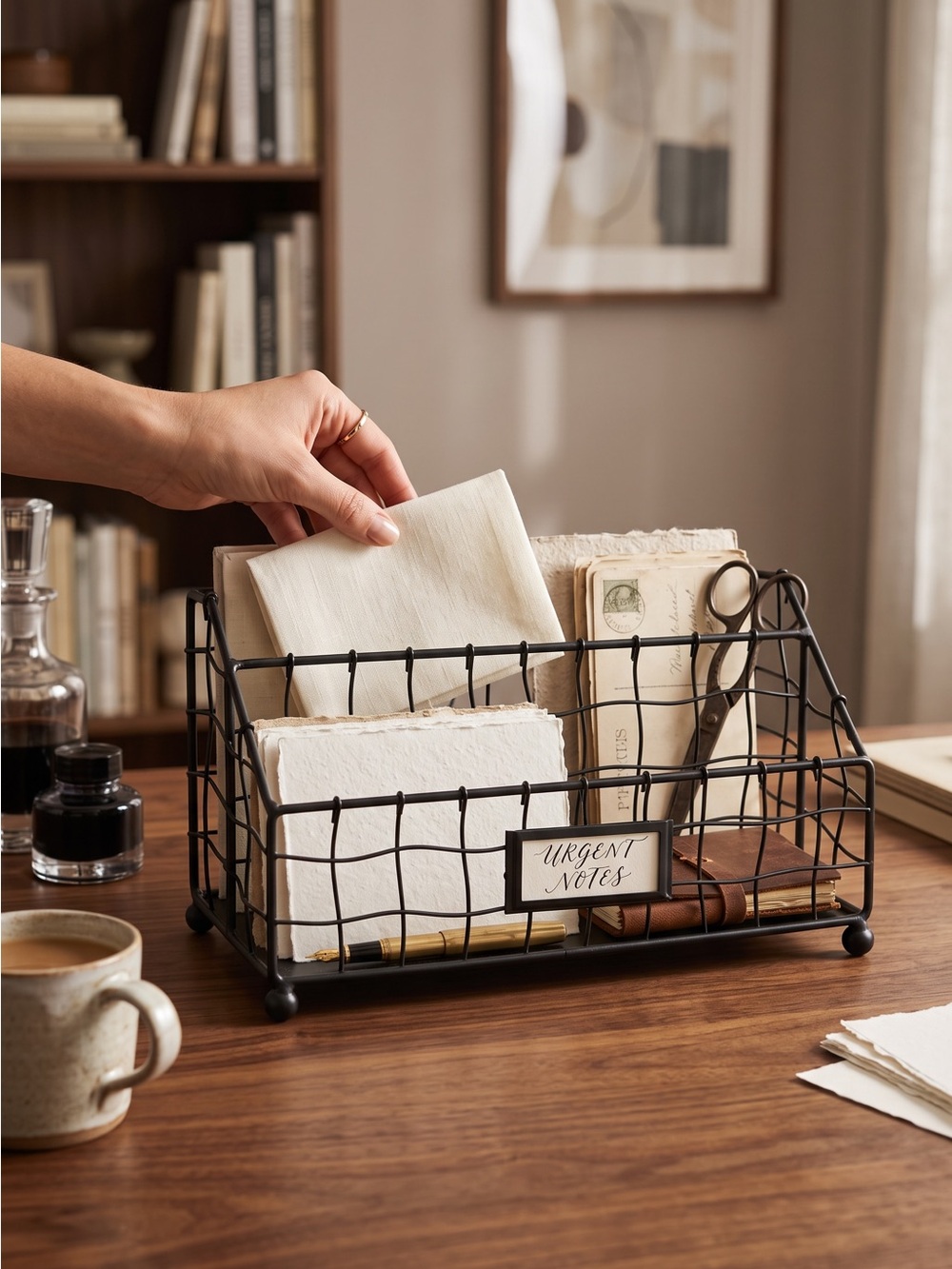 Black Wire Desk Organizer with Card Slot - Black